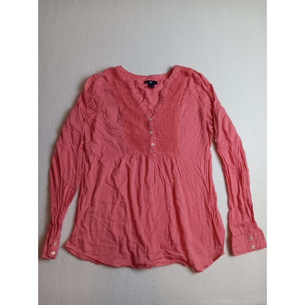 Gap Womens S Coral Pink Cotton Long Sleeve Popover Blouse Textured Bib Henley